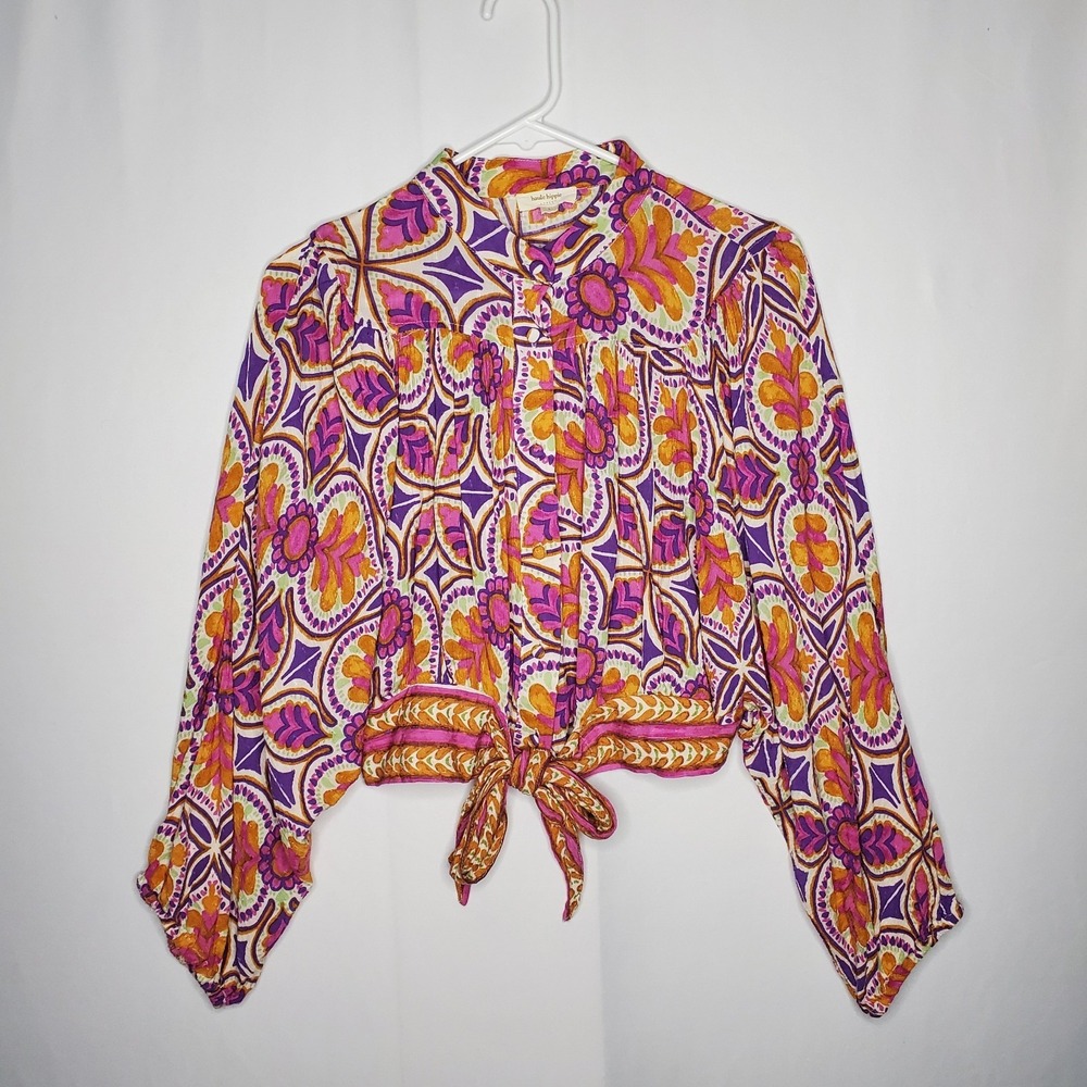 Haute Hippie Gauze Button Tie Crop Top Women Large Batik Boho Festival Purple